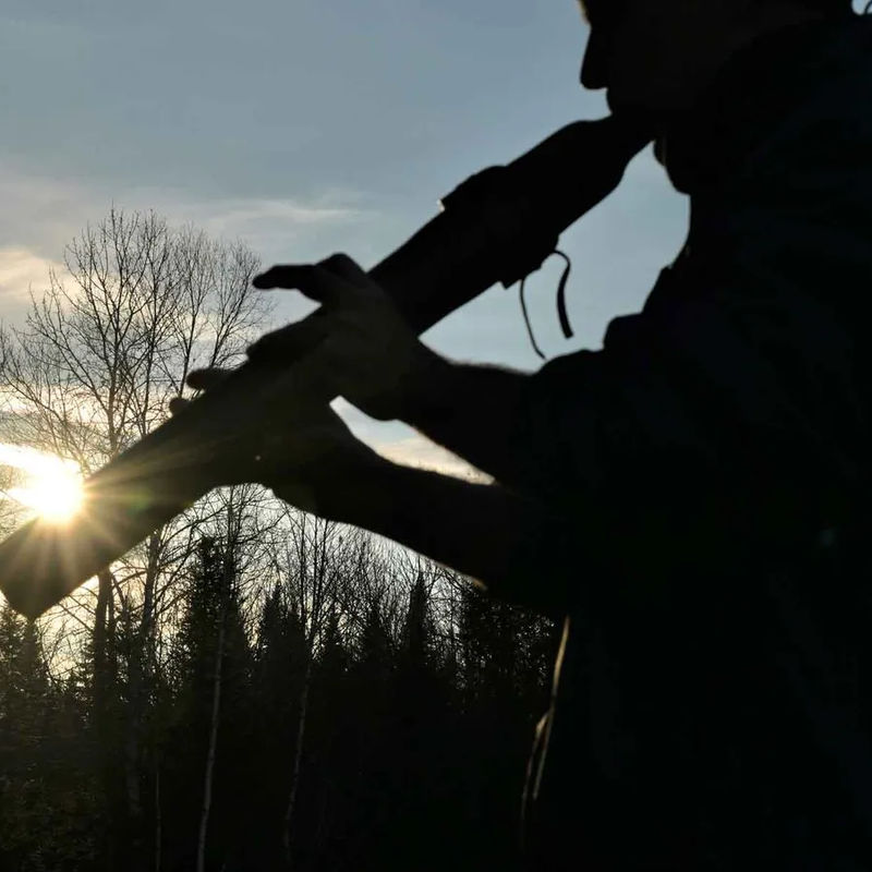 Zon die door de bomen schijnt met het silhouet van een man die instrument bespeeld