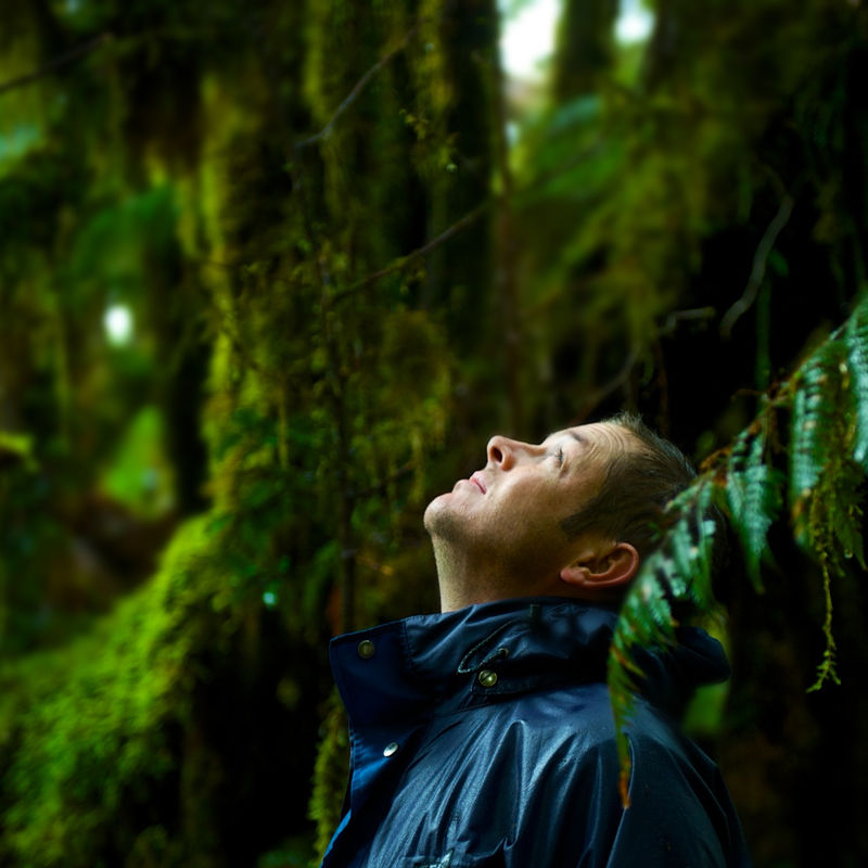 Andrew Mortan looking up, surrounded by trees