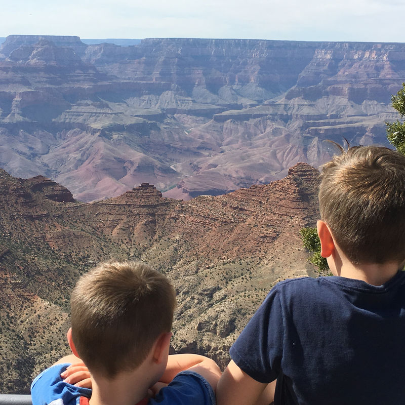 Twee kinderen die uitkijken op het gebergte van de Grand Canyon