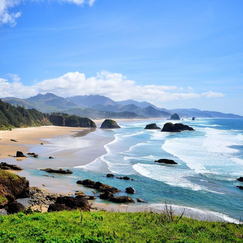 A sweeping view of the rugged coastline in the United States, with sandy beaches, rocky sea stacks, and forested hills under a bright blue sky.