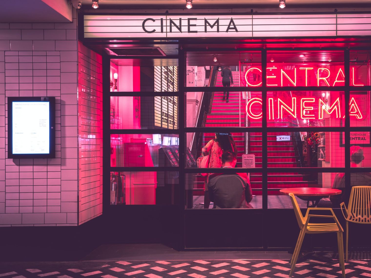 Neon lights in cinema foyer