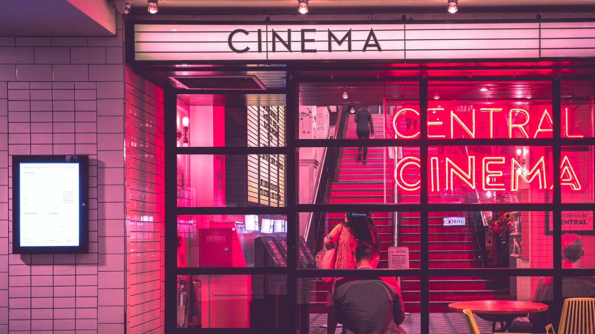 Neon lights in cinema foyer