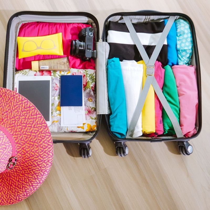 Offener Koffer mit bunter Kleidung und Hut für den Urlaub