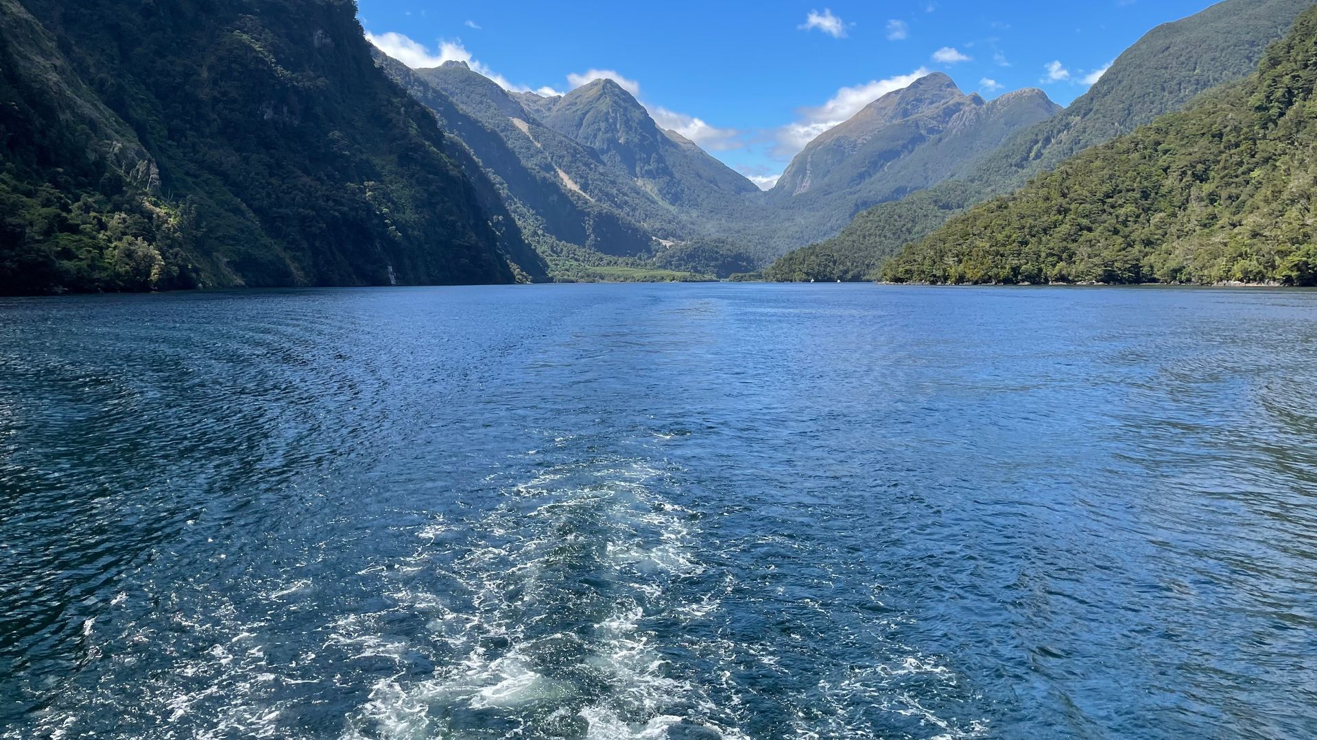 Bootfahrt durch einen Fjord umgeben von Bergen in Neuseeland