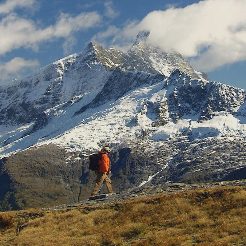 Persoon in een oranje jas loopt door de bergen van Mt. Aspiring National Park met besneeuwde bergtoppen op de achtergrond