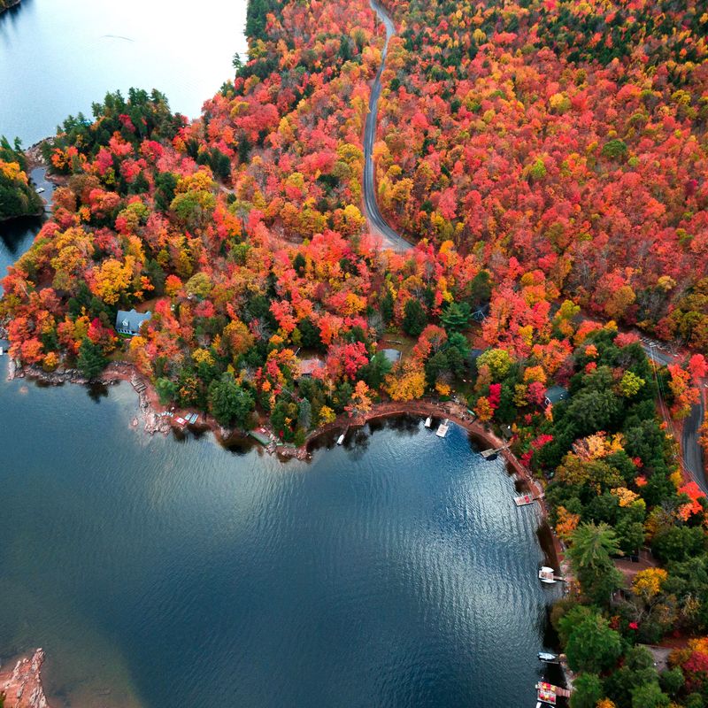 Luftaufnahme eines Sees in Kanada, umgeben von einem leuchtend bunten Herbstwald
