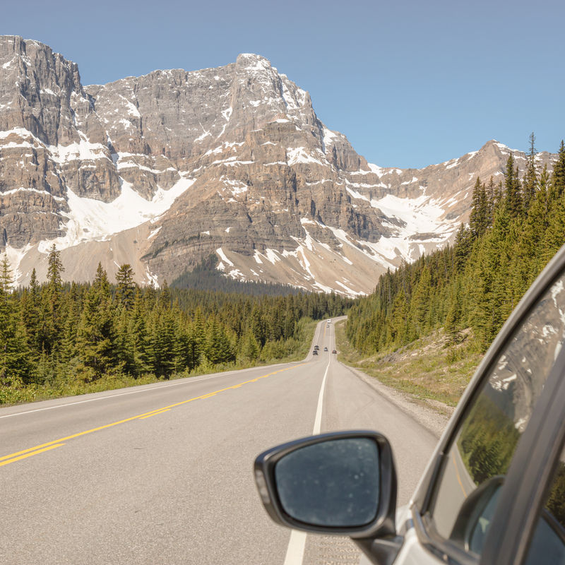 Uitzicht vanuit een autoraampje rijdend over de Icefields Parkway, met een rechte weg die zich uitstrekt door dennenbos richting dramatische besneeuwde rotstoppen onder een heldere blauwe hemel, in de Canadese Rockies, Alberta, Canada.