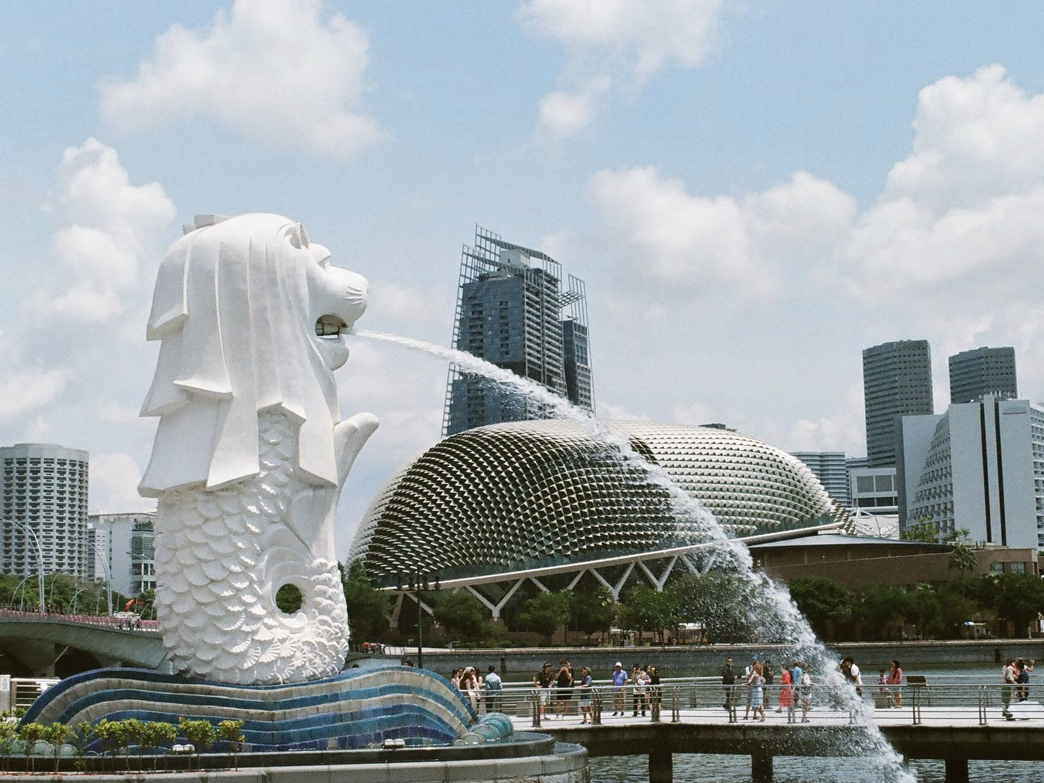 Large lion water fountain with city in the background in Singapore