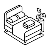 An illustration of a pot-plant next to a double bed