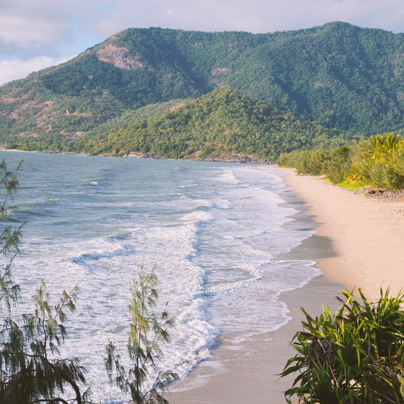 Ein einsamer tropischer Strand mit sanften Wellen und Palmen, hinter dem sich üppige, mit Regenwald bedeckte Berge erheben, in der Nähe von Cairns, Queensland, Australien