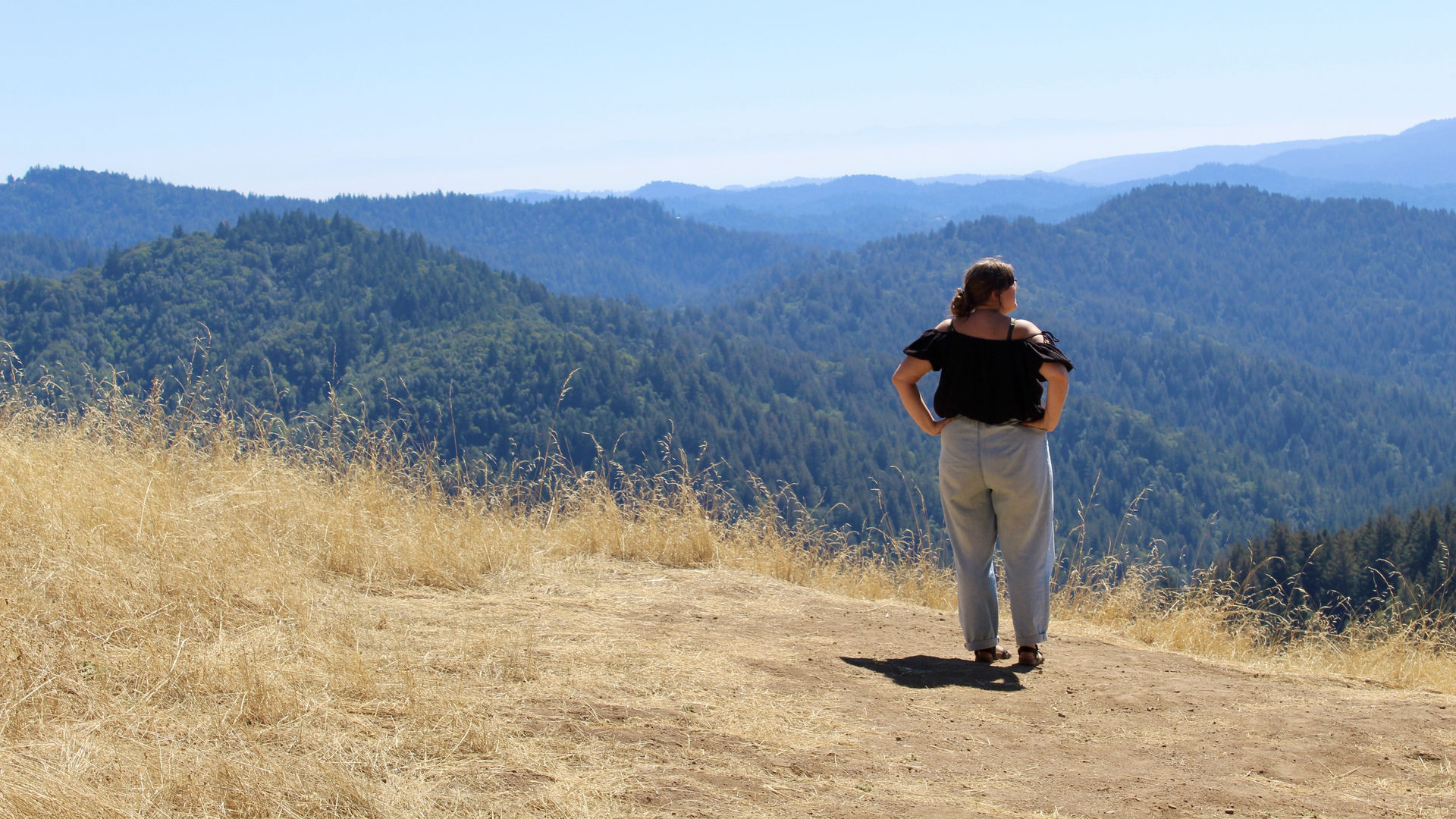 Eine Frau steht an einem Aussichtspunkt mit Blick auf den Redwoods Park, USA