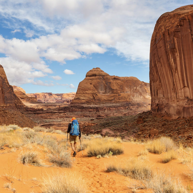 Een solo-wandelaar met een blauwe rugzak en wandelstokken die door een woestijnlandschap van rood zand trekt, te midden van torenhoge zandstenen rotsformaties in Monument Valley, Utah, VS