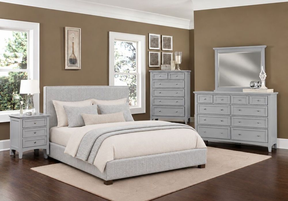 AMELIA UPHOLSTERED BED - GREY STRIPE - Room Shot image