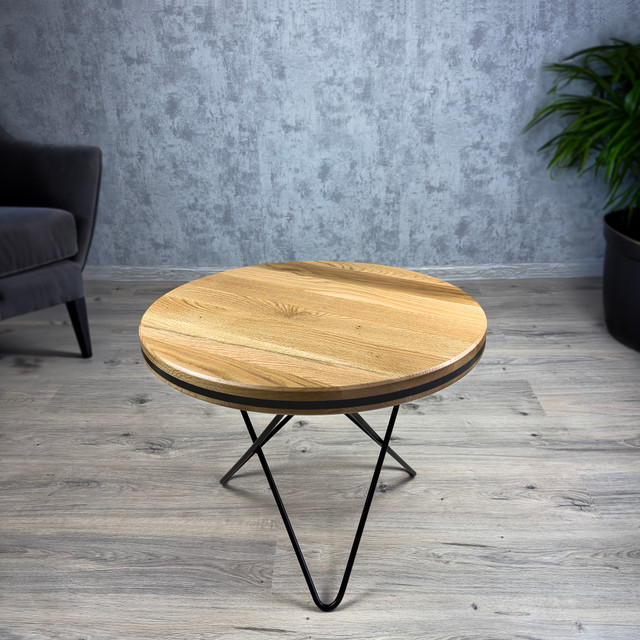 Stolik kawowy, loftowy, drewno naturalne, lity dąb, średnica 59 cm, wysokość 45 cm, Padwa