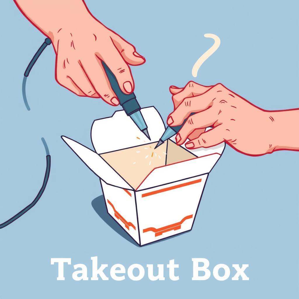 a person shaping a takeout box with a soldering iron, 6-12 words