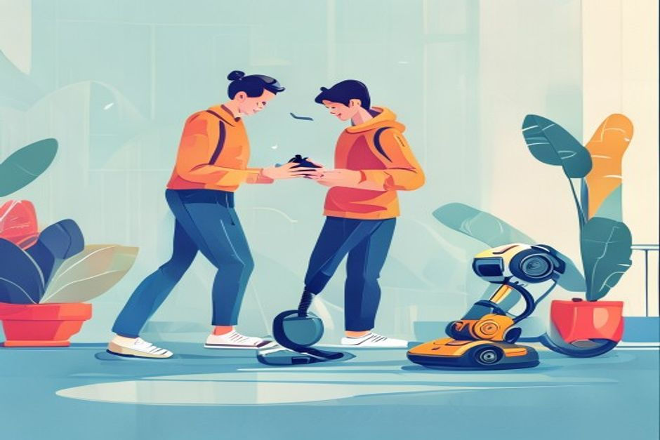 person controlling robot vacuum, 6-12 words