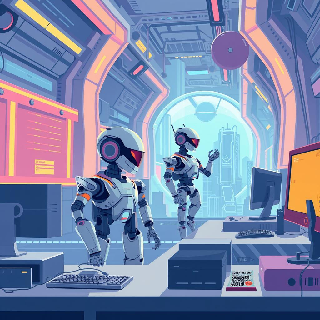 robots and computers in a futuristic setting, 6-12 words