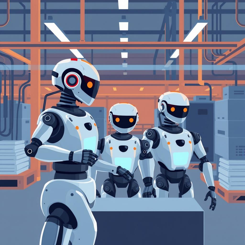 robots in factory, 6-12 words