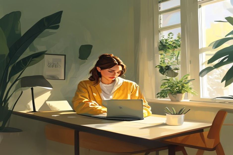 woman working on laptop, 6-12 words