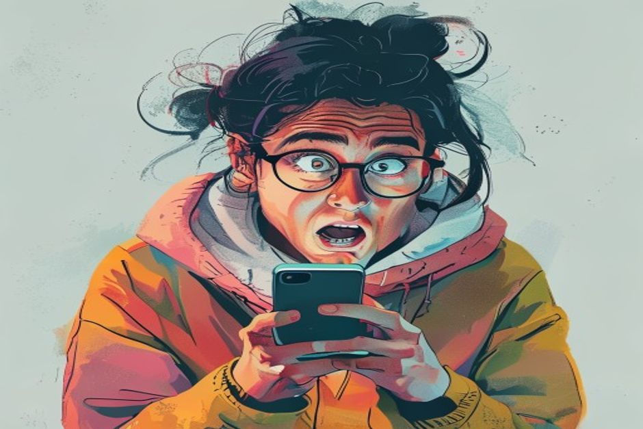 person looking at phone with shocked expression, 6-12 words