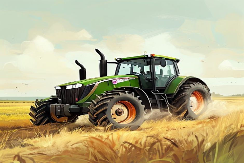 John Deere tractor in a field, 6-12 words