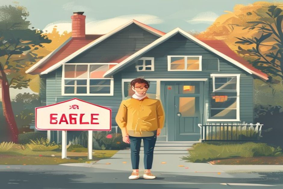 person in front of a house for sale, 8 words