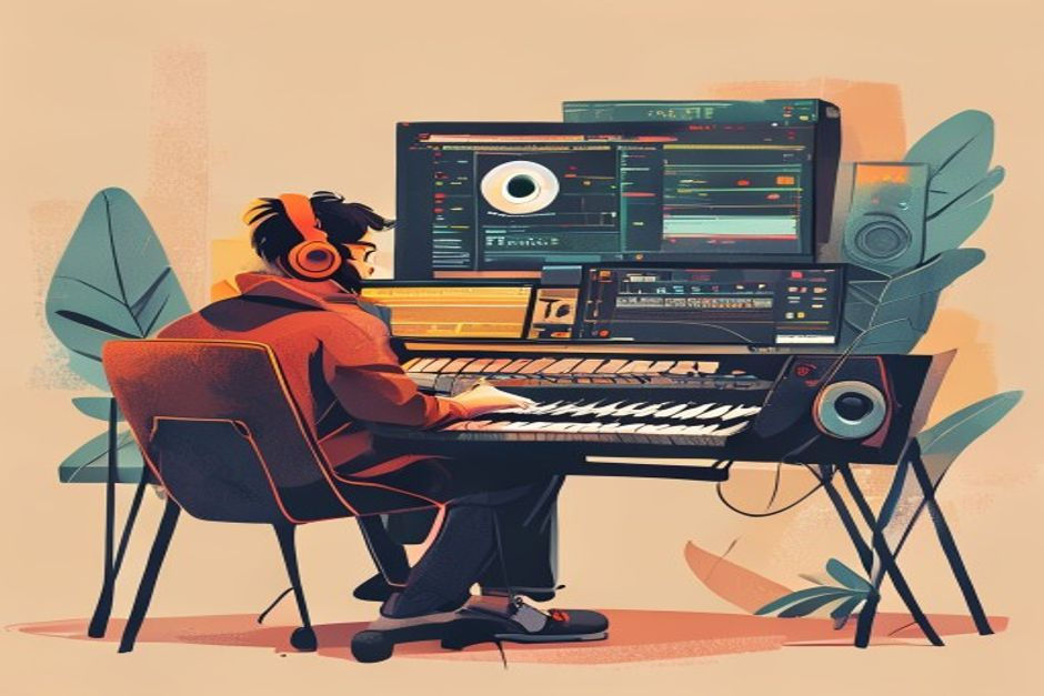 person working on music production software, 6-12 words