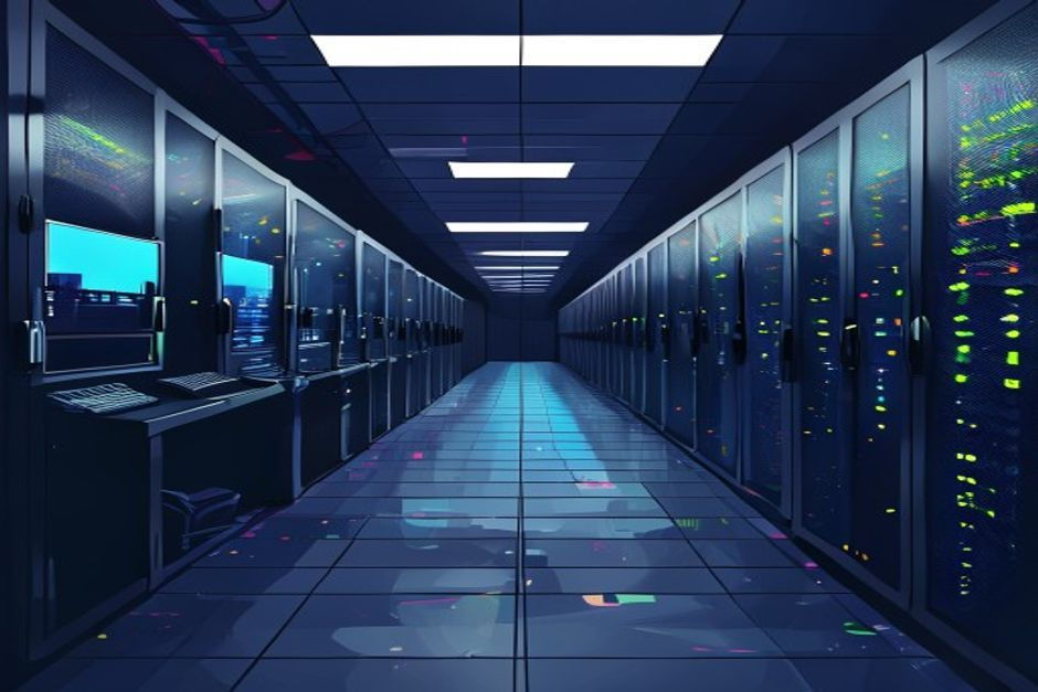server room with computer screens, 6-12 words