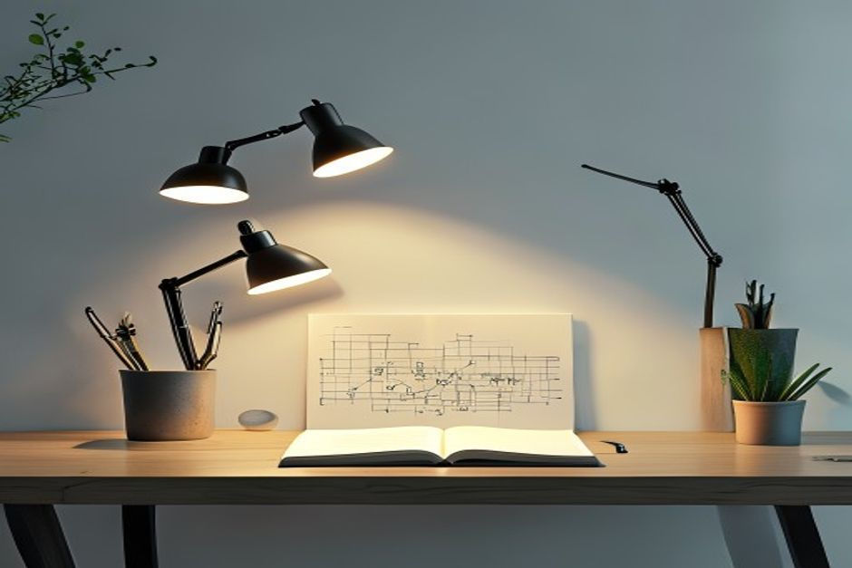 A clean workspace with a notebook showing strategic diagrams.