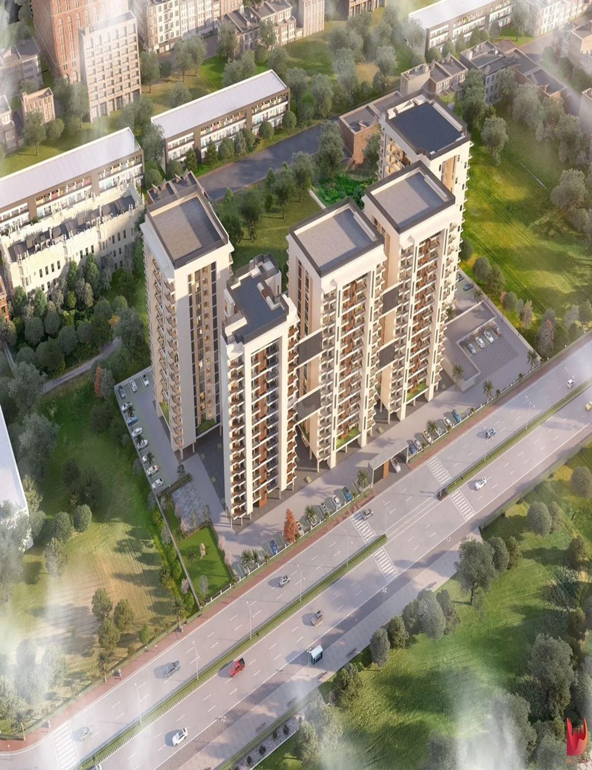 Landscaped gardens and clubhouse at Medallion Nova