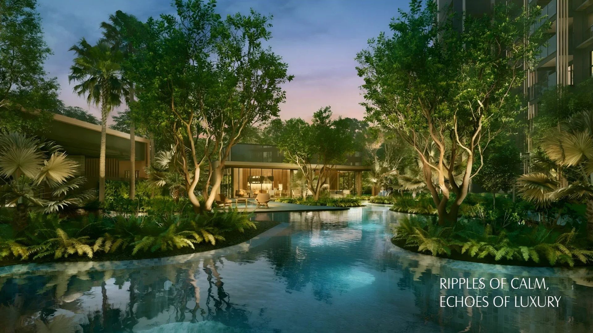 Arrival forecourt of GB Realty Opus One at dusk