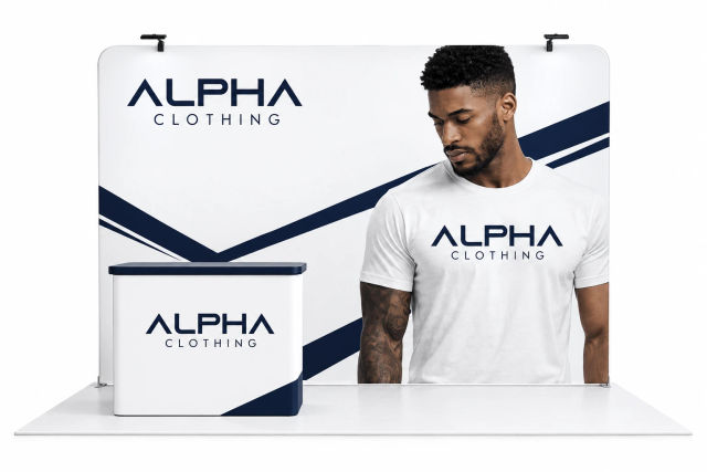 10x10 trade show display with a branded backdrop and counter
