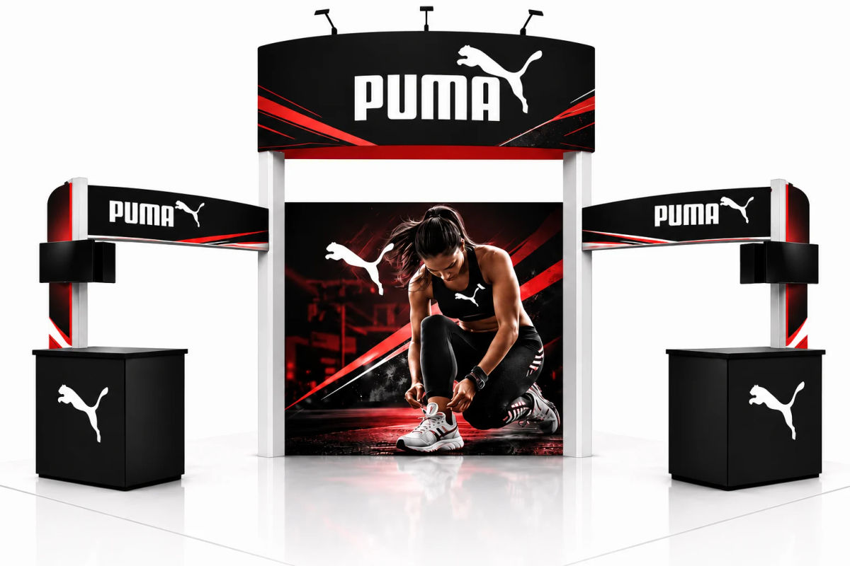 Custom 20x20 trade show booth design with an overhead sign, graphic center wall and two counters