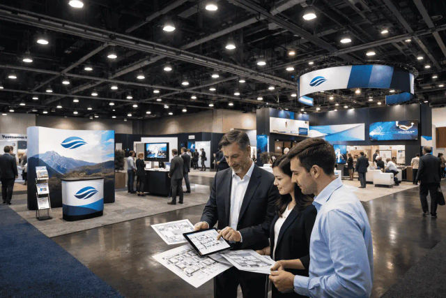 Designers reviewing trade show booth artwork and layouts together