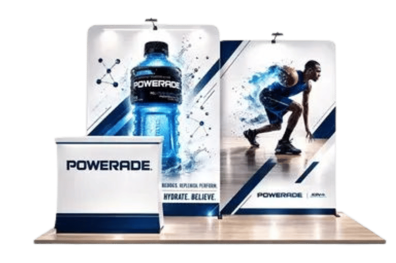 Portable trade show display with a printed backdrop and counter