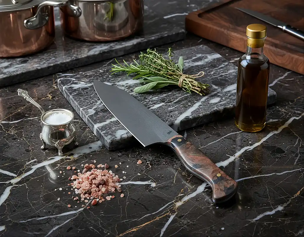 Kitchen Handcrafted custom kitchen knife with a light stone-patterned handle