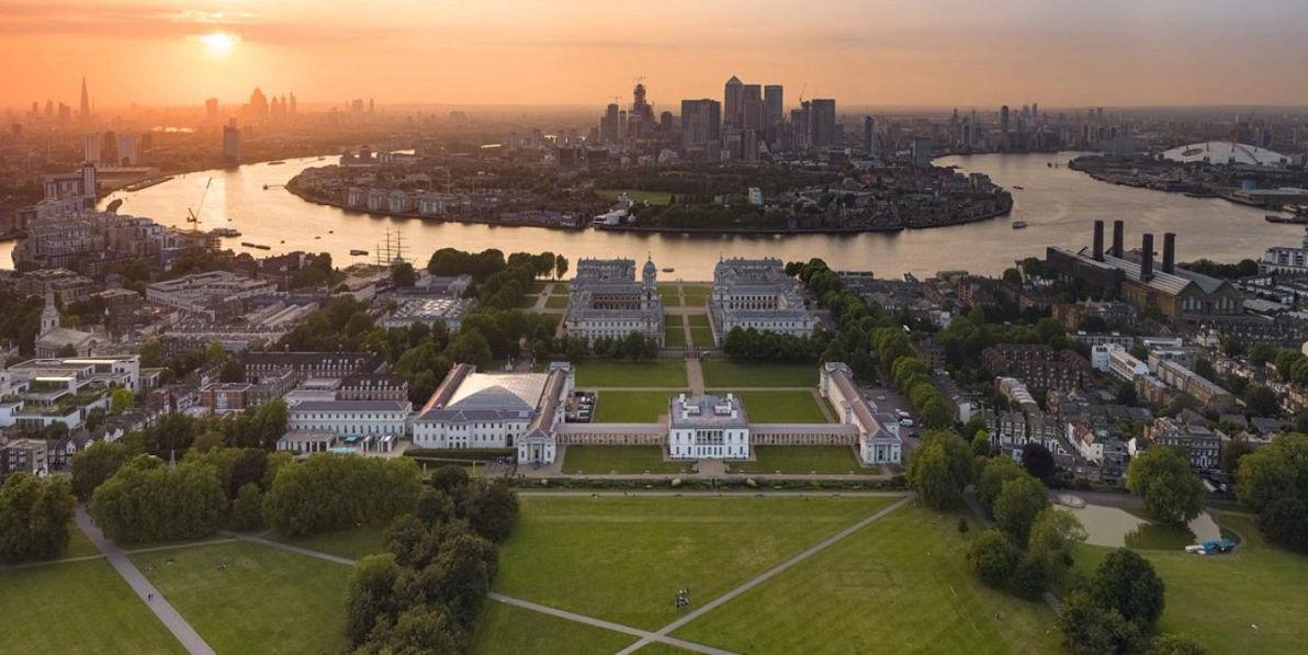 An aerial view of London at sunset