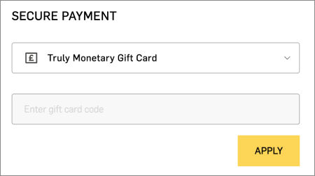 a screenshot of the secure payment page showing a text field for the Gift card code