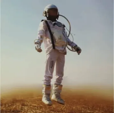 A man in a space suit standing in a field.