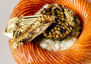 An image of a plate with a pastry, 5-course tasting menu. Alex Dilling at Hotel Cafe Royal