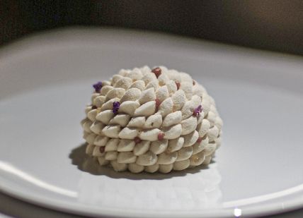 An image of a white plate with a small piece of food on it, 7-Course Tasting Menu. Alex Dilling at Hotel Cafe Royal