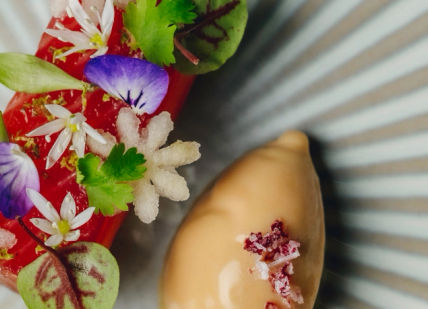 An image of a plate with food on it, Nine-course tasting menu at the Chef’s Table. Amethyst