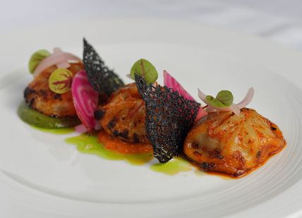 An image of a plate of food on a table, Tasting Menu. Benares Restaurant and Bar