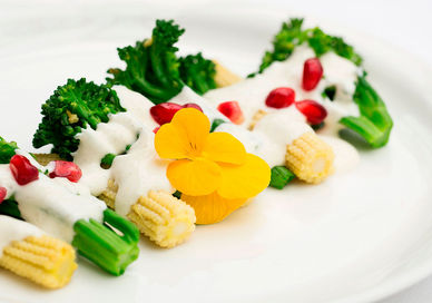 An image of a plate of food with vegetables, Five-Course Tasting Menu. Bombay Brasserie