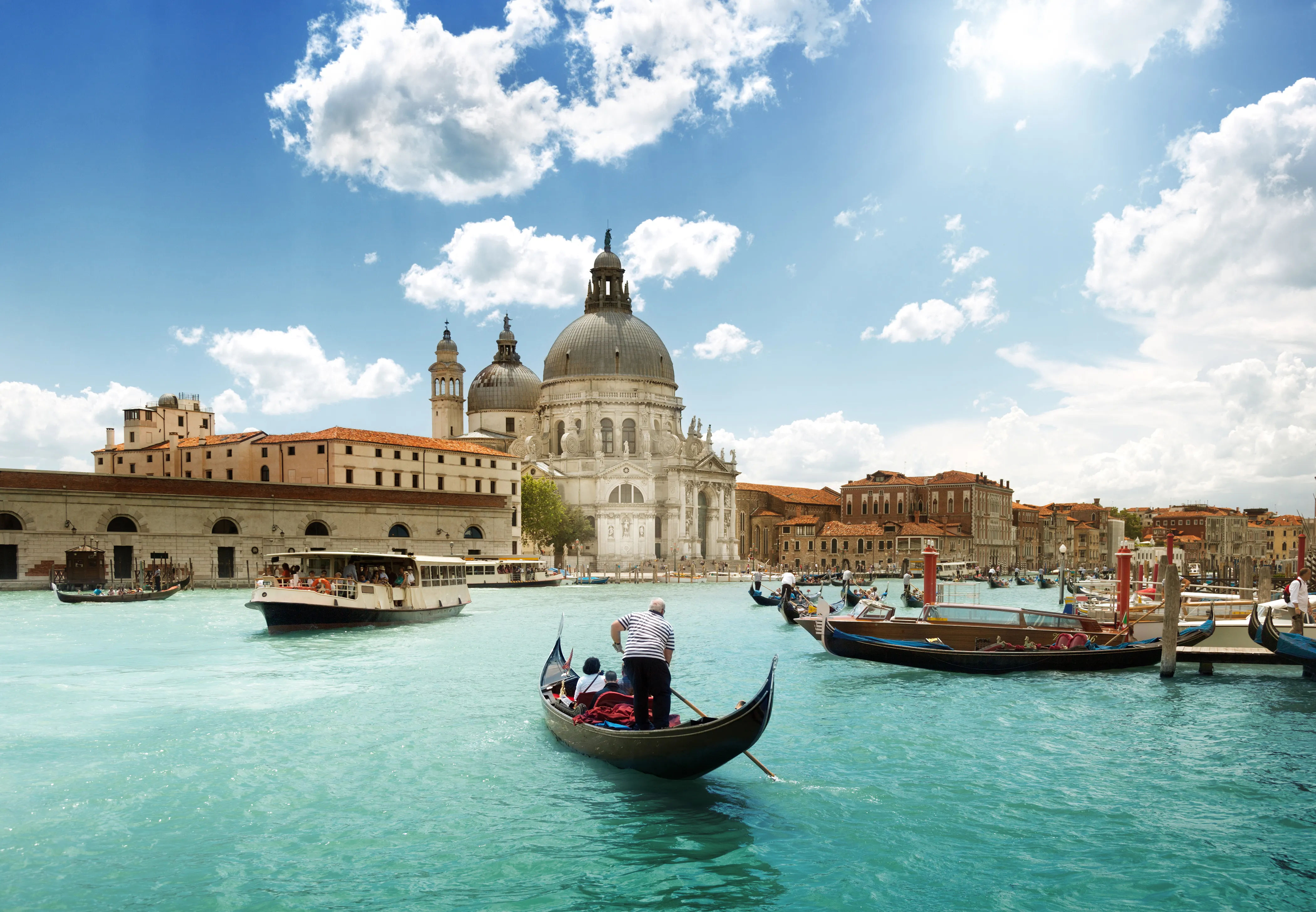 Gondolas on the water in Venice, Italy.