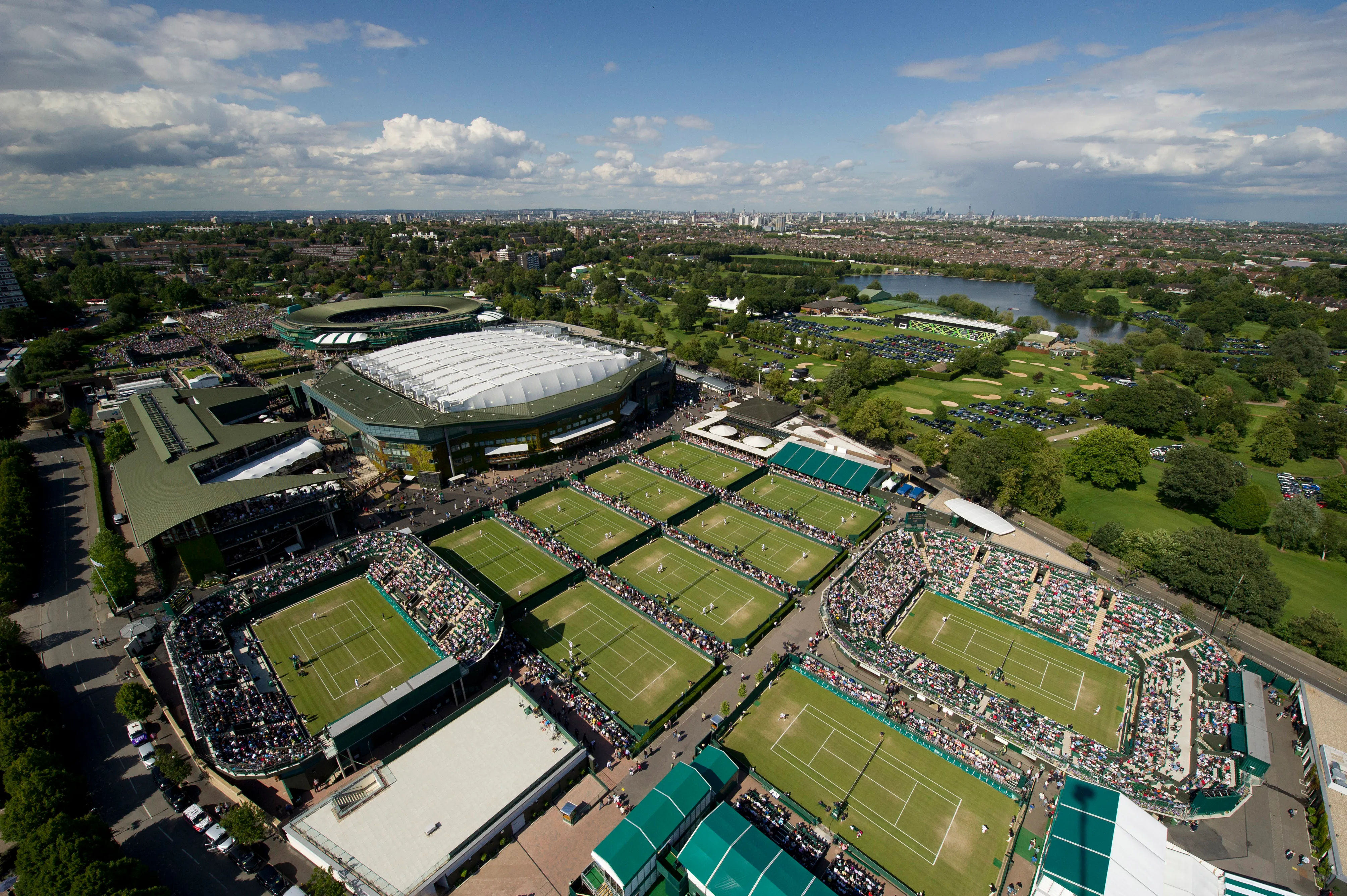 An aerial view of a tennis court.