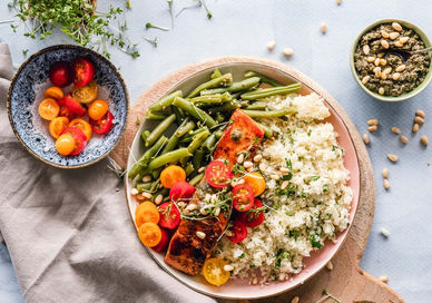 An image of a bowl of rice, vegetables and nuts, Cooking Class. The Chef and The Dish