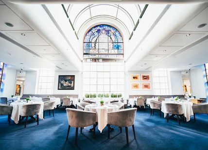 An image of a restaurant with a large window, Tasting menu. Claude Bosi at Bibendum