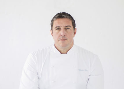 An image of a man in a chef's uniform, Tasting menu. Claude Bosi at Bibendum