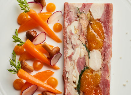 An image of a plate of food with carrots and meat, Menu Gourmand. Galvin